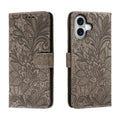 Lace Flower Embossing Flip Leather Phone Case, For iPhone 16, For iPhone 15 Pro Max, For iPhone 15 Pro, For iPhone 15 Plus For iPhone 16 Grey