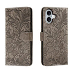 Lace Flower Embossing Flip Leather Phone Case, For iPhone 16, For iPhone 15 Pro Max, For iPhone 15 Pro, For iPhone 15 Plus For iPhone 16 Grey