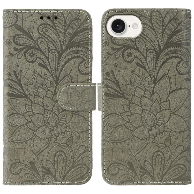 Lace Flower Embossing Flip Leather Phone Case – Flip, Leather, TPU, For iPhone 17e / 16e, For iPhone 17 Pro Max, For iPhone 17 Pro, For iPhone 17 For iPhone 17e 16e Grey
