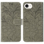 Lace Flower Embossing Flip Leather Phone Case – Flip, Leather, TPU, For iPhone 17e / 16e, For iPhone 17 Pro Max, For iPhone 17 Pro, For iPhone 17 For iPhone 17e 16e Grey