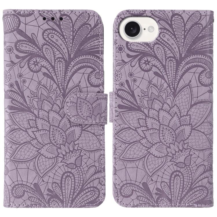 Lace Flower Embossing Flip Leather Phone Case – Flip, Leather, TPU, For iPhone 17e / 16e, For iPhone 17 Pro Max, For iPhone 17 Pro, For iPhone 17 For iPhone 17e 16e Purple