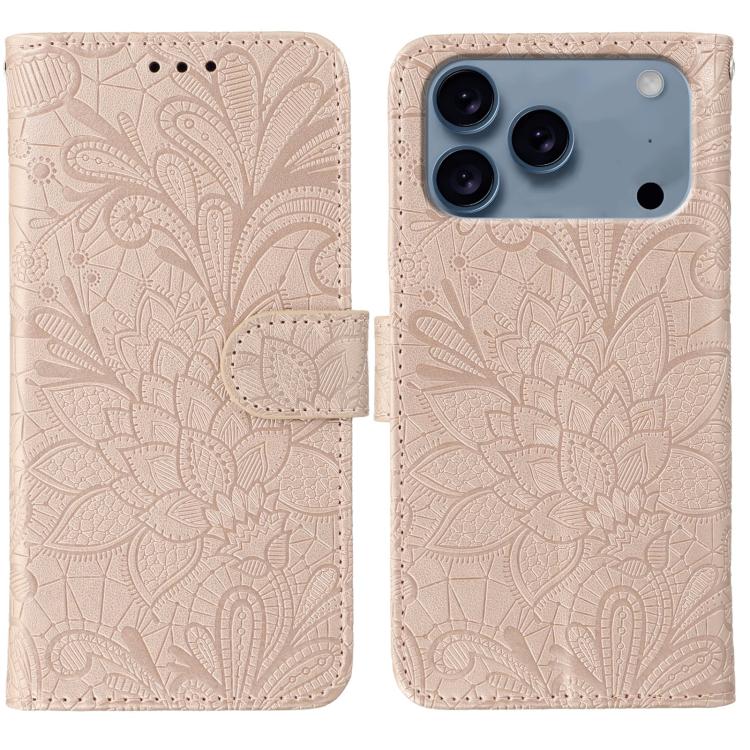 Lace Flower Embossing Flip Leather Phone Case – Flip, Leather, TPU, For iPhone 17e / 16e, For iPhone 17 Pro Max, For iPhone 17 Pro, For iPhone 17 For iPhone 18 Pro Max 17 Pro Max Rose Gold