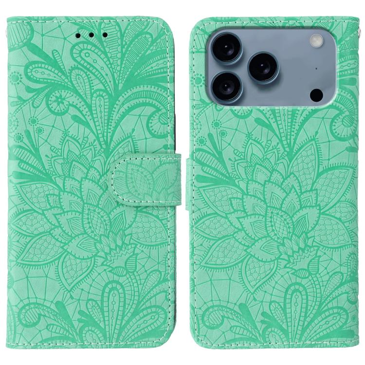 Lace Flower Embossing Flip Leather Phone Case – Flip, Leather, TPU, For iPhone 17e / 16e, For iPhone 17 Pro Max, For iPhone 17 Pro, For iPhone 17 For iPhone 18 Pro Max 17 Pro Max Green