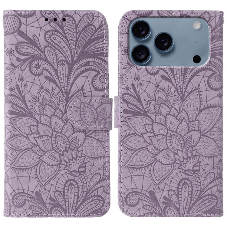 Lace Flower Embossing Flip Leather Phone Case – Flip, Leather, TPU, For iPhone 17e / 16e, For iPhone 17 Pro Max, For iPhone 17 Pro, For iPhone 17 For iPhone 18 Pro 17 Pro Purple