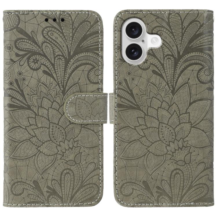 Lace Flower Embossing Flip Leather Phone Case – Flip, Leather, TPU, For iPhone 17e / 16e, For iPhone 17 Pro Max, For iPhone 17 Pro, For iPhone 17 For iPhone 17 Grey