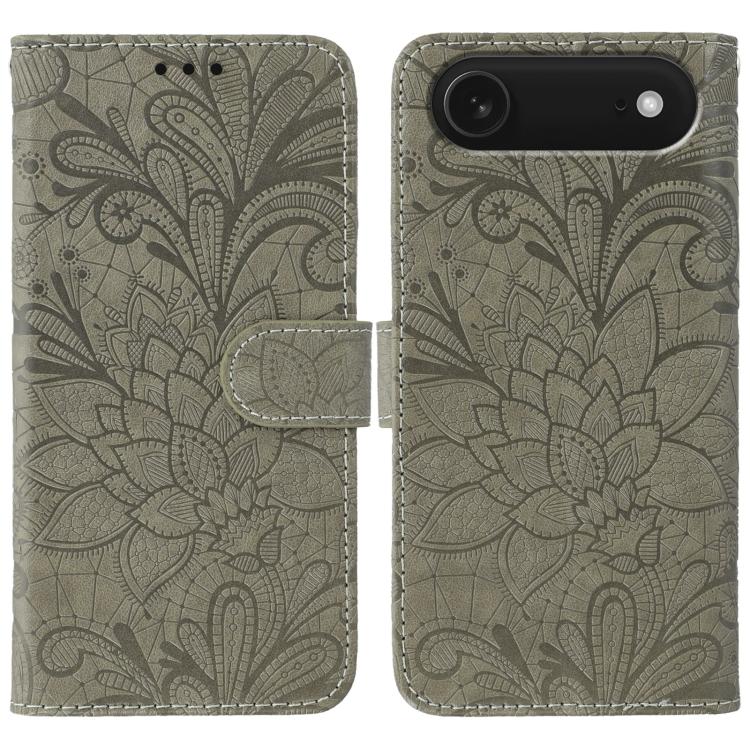 Lace Flower Embossing Flip Leather Phone Case, For iPhone Air, For iPhone 16 Pro Max, For iPhone 16 Pro, For iPhone 16 Plus For iPhone Air Grey