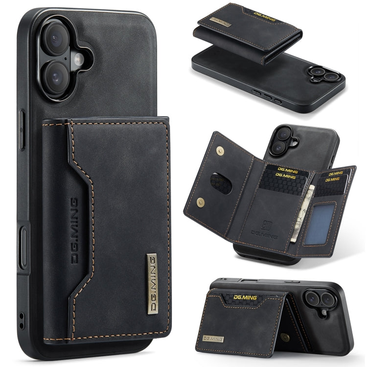 DG.MING M2 Series 3-Fold Card Bag Wallet Leather Phone Case, For iPhone 16, For iPhone 15 Pro Max, For iPhone 15 Pro, For iPhone 15 Plus For iPhone 16 Black