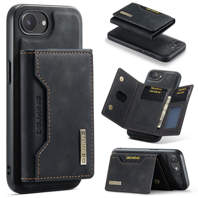 DG.MING M2 Series 3-Fold Card Bag Wallet Leather Phone Case, For iPhone 17e / 16e, For iPhone 17 Pro Max, For iPhone 17 Pro, For iPhone 17 For iPhone 17e 16e Black