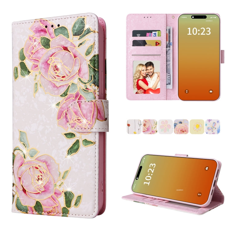 Bronzing Painting RFID Leather Case – Card Slot, Leather, For iPhone 16, For iPhone 15 Pro Max, For iPhone 15 Pro, For iPhone 15 Plus For iPhone 15 Pro Max Rose Flower