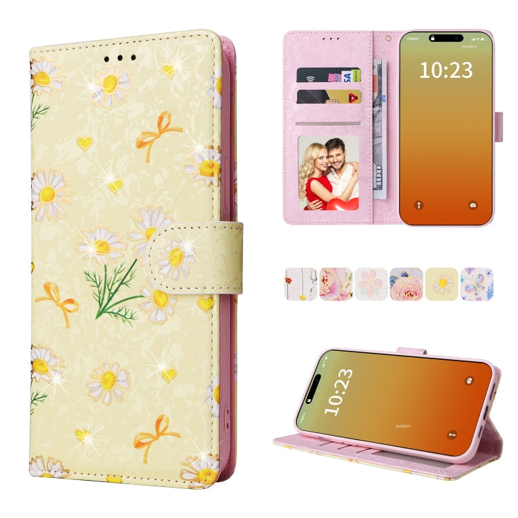 Bronzing Painting RFID Leather Case – Card Slot, Leather, For iPhone 16, For iPhone 15 Pro Max, For iPhone 15 Pro, For iPhone 15 Plus For iPhone 15 Pro Yellow Daisy