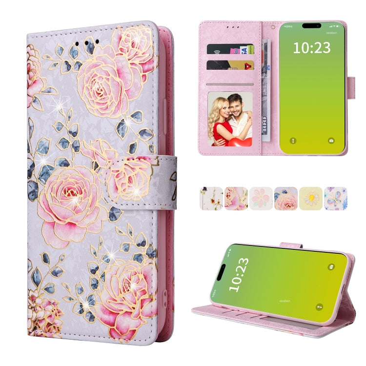 Bronzing Painting RFID Leather Case, For iPhone 15 For iPhone 15 Pastoral Rose