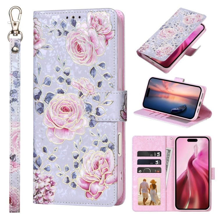 Bronzing Painting RFID Leather Case, For iPhone 16, For iPhone 15 Pro Max, For iPhone 15 Pro, For iPhone 15 Plus For iPhone 16 Pastoral Rose
