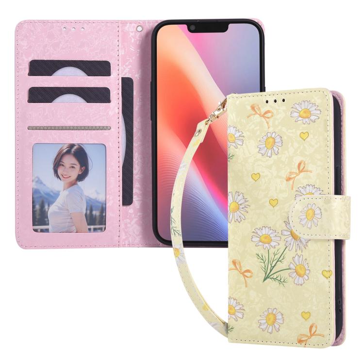 Bronzing Painting RFID Leather Case – Card Slot, Leather, For iPhone 17e / 16e, For iPhone 16 Pro Max, For iPhone 16 Pro, For iPhone 16 Plus For iPhone 17e 16e Yellow Daisy