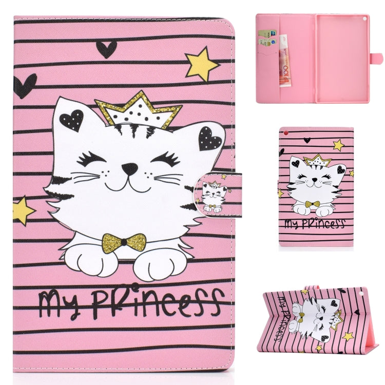 Colored Drawing Pattern Horizontal Flip PU Leather Case with Holder & Card Slot & Sleep / Wake-up Function – Card Slot, Flip, Leather, For Samsung Galaxy Tab S5e 10.5 T720 / T725, For Amazon Kindle Fire HD 8 2016/2017, For Amazon Kindle Fire HD 10 2017 For Amazon Kindle Fire HD 8 2016 2017 Crown Cat