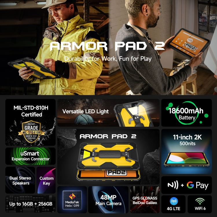 Ulefone Armor Pad 2 Rugged Tablet PC, 16GB+256GB 11 inch Android 13 MediaTek Helio G99 Octa Core 4G Network, Armor Pad 2, Armor Pad 2 (Yellow) – Fast Charging, Bluetooth