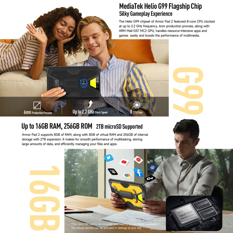 Ulefone Armor Pad 2 Rugged Tablet PC, 16GB+256GB 11 inch Android 13 MediaTek Helio G99 Octa Core 4G Network, Armor Pad 2, Armor Pad 2 (Yellow) – Fast Charging, Bluetooth