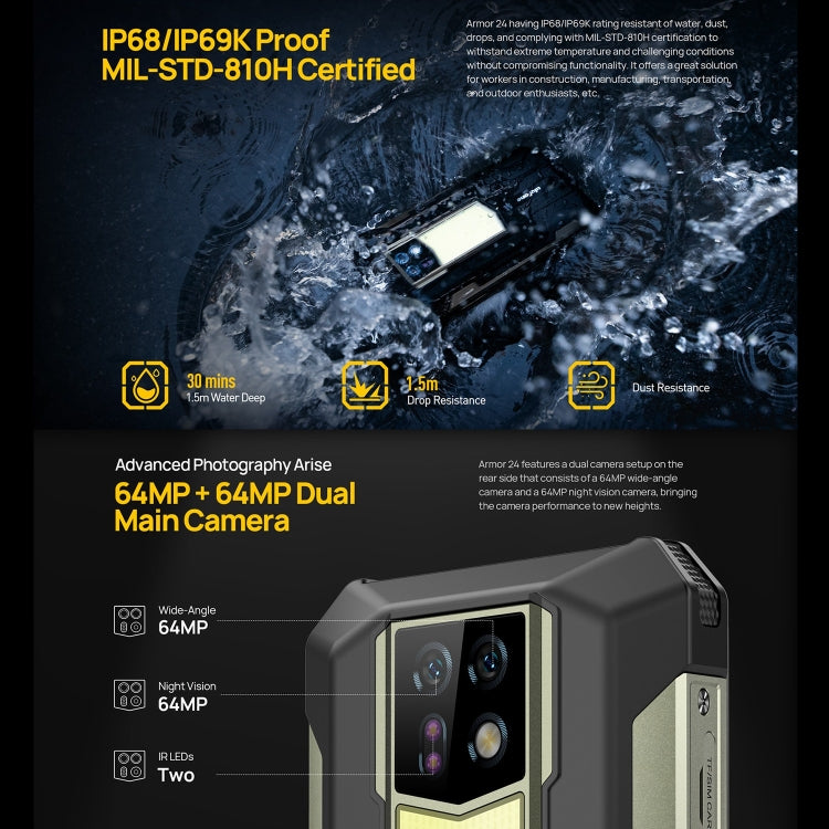 Ulefone Armor 24, Rugged Phone, Side Fingerprint, 22000mAh, 6.78 inch Android 14 MediaTek Helio G96 Octa Core, Network: 4G, NFC, Armor 24 – Lanyard, Magnetic, Fast Charging