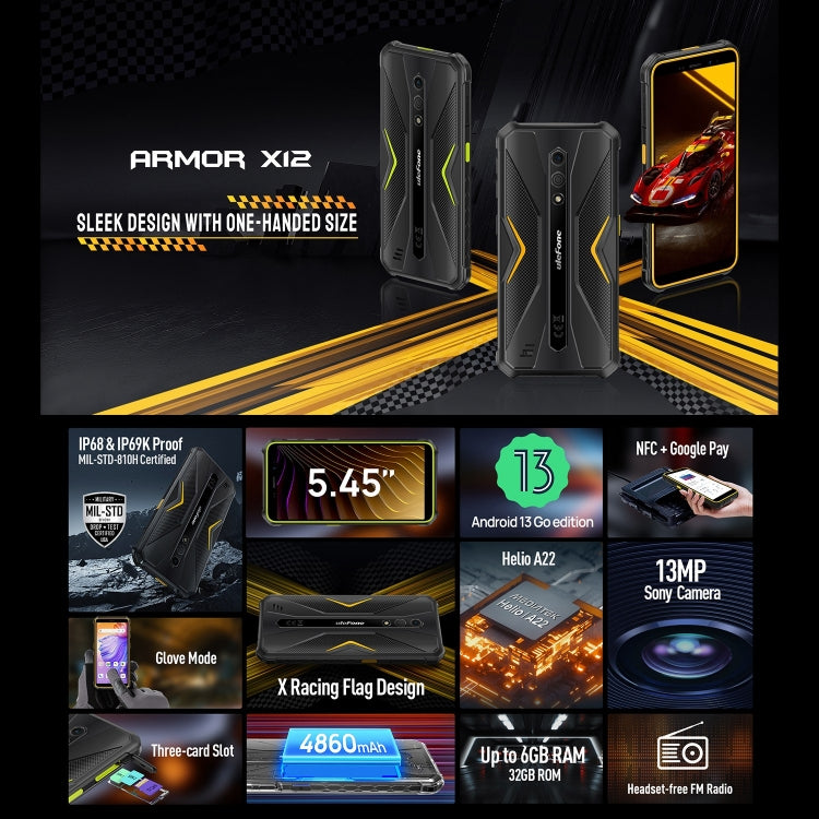 Ulefone Armor X12, Rugged Phone, Face Unlock, 5.45 inch Android 13 Go MediaTek Helio A22 Quad Core, Network: 4G, NFC, 3GB+32GB – Lanyard, Magnetic