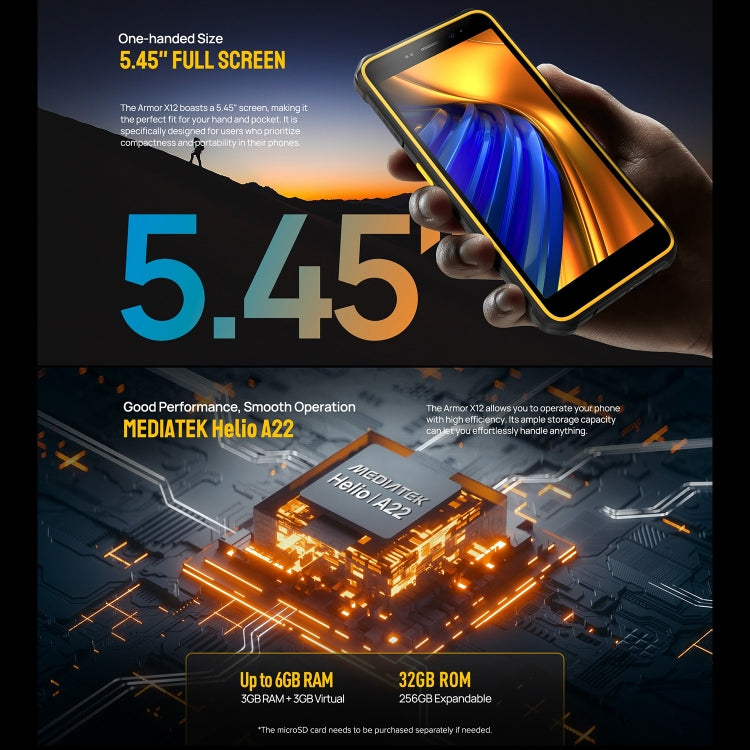 Ulefone Armor X12, Rugged Phone, Face Unlock, 5.45 inch Android 13 Go MediaTek Helio A22 Quad Core, Network: 4G, NFC, 3GB+32GB – Lanyard, Magnetic