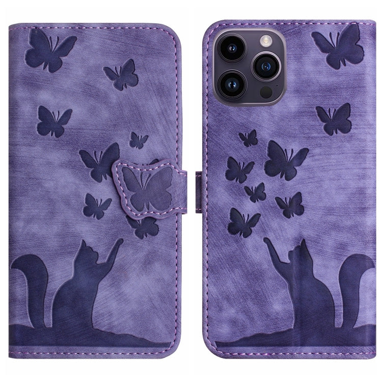 Butterfly Cat Embossing Flip Leather Phone Case, For iPhone 15 Pro Max, For iPhone 15 Pro, For iPhone 15 Plus, For iPhone 15 For iPhone 15 Pro Max Purple