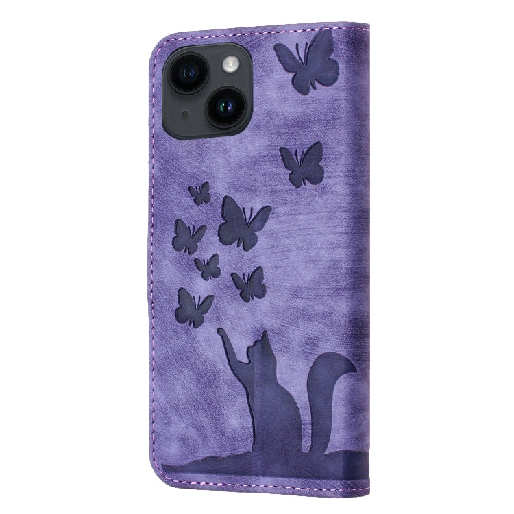 Butterfly Cat Embossing Flip Leather Phone Case, For iPhone 14 Plus, For iPhone 14, For iPhone 14 Pro, For iPhone 14 Pro Max
