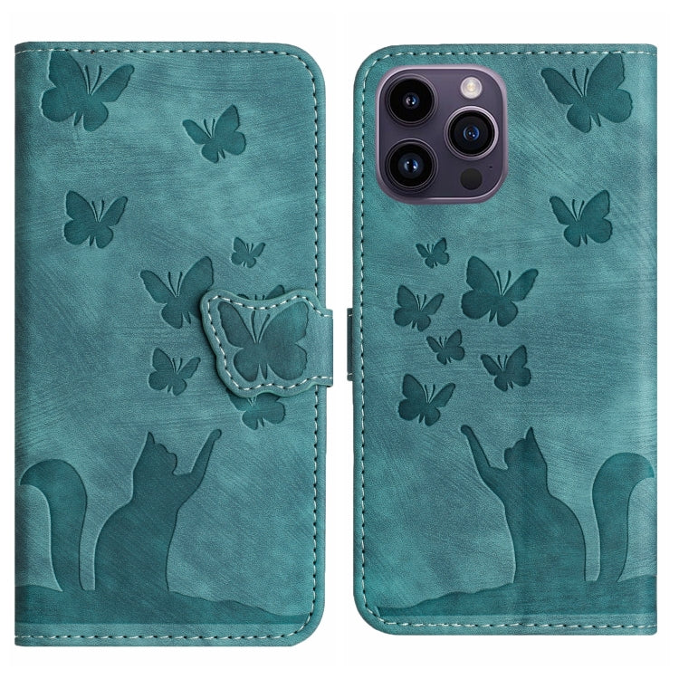 Butterfly Cat Embossing Flip Leather Phone Case – Wear-resistant, Card Slot, Kickstand, For iPhone SE 2022 / 2020 / 8 / 7, For iPhone 13 Pro Max, For iPhone 13 Pro, For iPhone 13 For iPhone 13 Pro Wathet