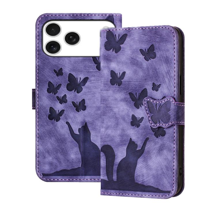 Butterfly Cat Embossing Flip Leather Phone Case, For iPhone 17 Pro Max, For iPhone 17 Pro, For iPhone 17, For iPhone Air For iPhone 17 Pro Max Purple