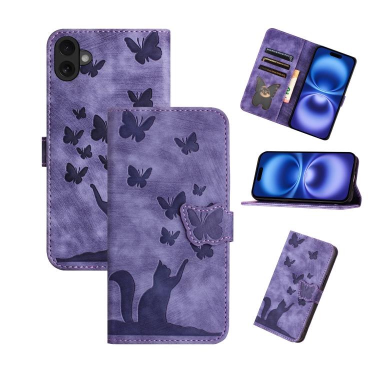 Butterfly Cat Embossing Flip Leather Phone Case – Wear-resistant, Card Slot, Kickstand, For iPhone 17 Pro Max, For iPhone 17 Pro, For iPhone 17, For iPhone Air For iPhone 17 Purple