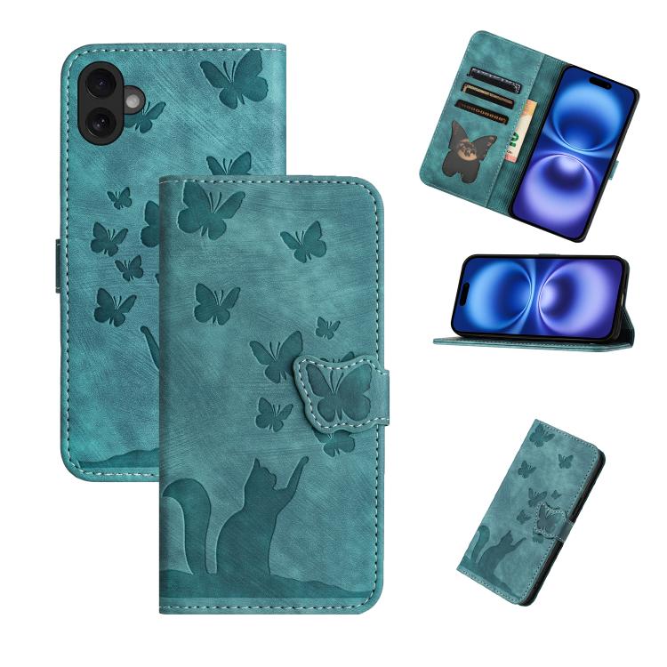 Butterfly Cat Embossing Flip Leather Phone Case – Wear-resistant, Card Slot, Kickstand, For iPhone 17 Pro Max, For iPhone 17 Pro, For iPhone 17, For iPhone Air For iPhone 17 Wathet
