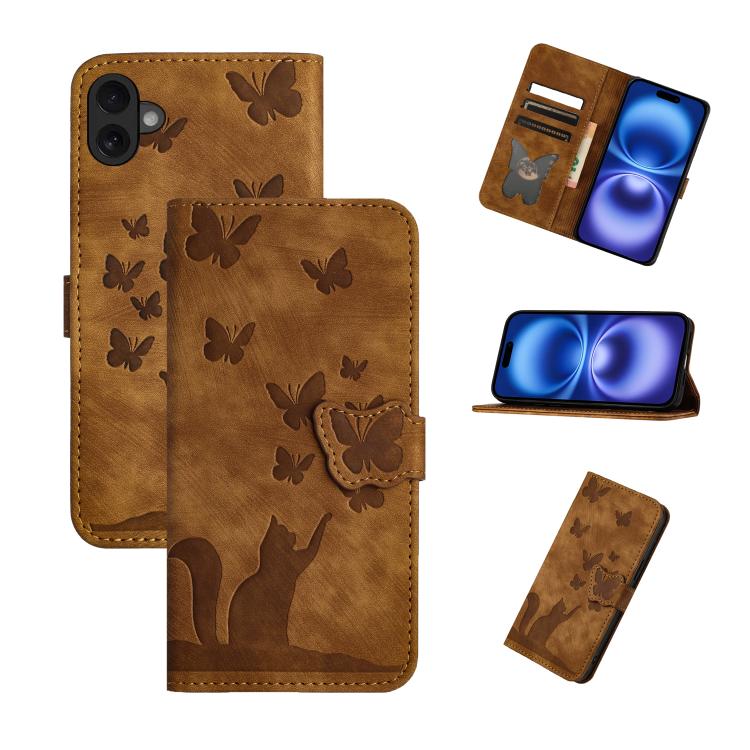 Butterfly Cat Embossing Flip Leather Phone Case – Wear-resistant, Card Slot, Kickstand, For iPhone 17 Pro Max, For iPhone 17 Pro, For iPhone 17, For iPhone Air For iPhone 17 Brown