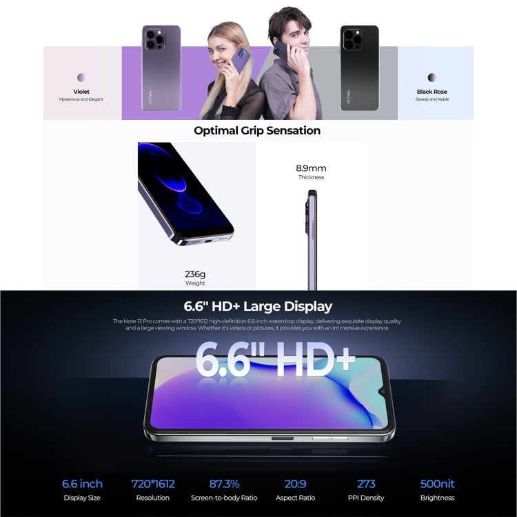 HOTWAV Note 13 Pro, Side Fingerprint Identification, 6.6 inch Android 13 UMS9230 T606 Octa Core up to 1.6GHz, Network: 4G, OTG, 8GB+256GB – Screen Protector