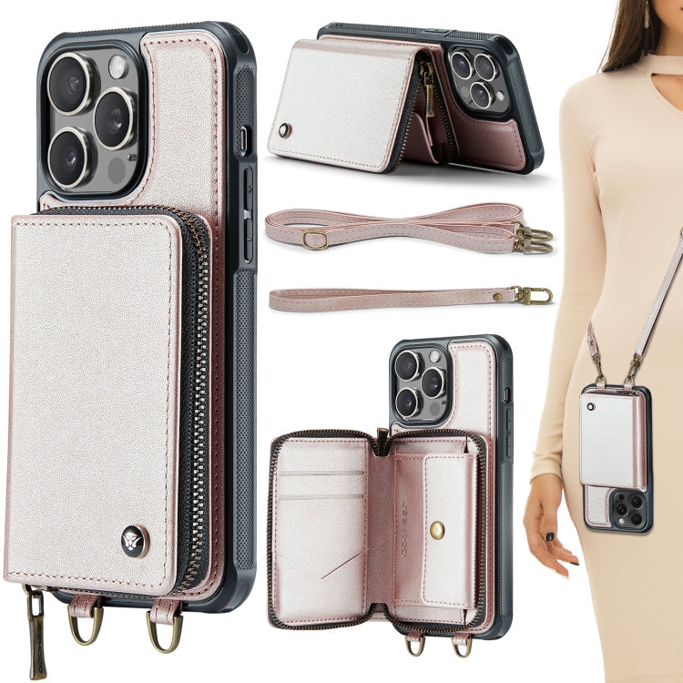 JEEHOOD C22 Series Zipper Wallet Leather Phone Case with Dual Lanyard – Wear-resistant, Lanyard, Card Slot, For iPhone 16 Pro, For iPhone 16 Plus, For iPhone 16, For iPhone 15 Pro Max For iPhone 15 Pro Max Rose Gold