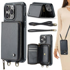 JEEHOOD C22 Series Zipper Wallet Leather Phone Case with Dual Lanyard – Wear-resistant, Lanyard, Card Slot, For iPhone 15 Pro, For iPhone 15 Plus, For iPhone 15 For iPhone 15 Pro Black