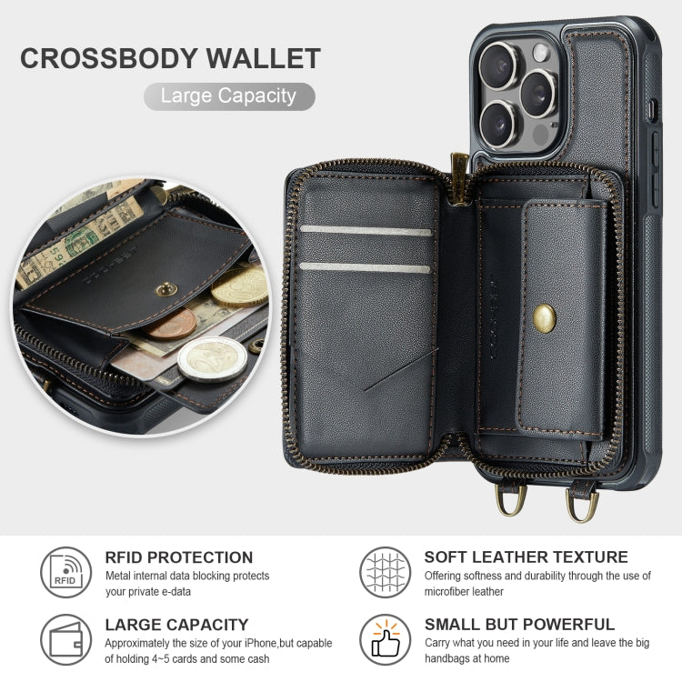 JEEHOOD C22 Series Zipper Wallet Leather Phone Case with Dual Lanyard – Wear-resistant, Lanyard, Card Slot, For iPhone 15 Pro, For iPhone 15 Plus, For iPhone 15