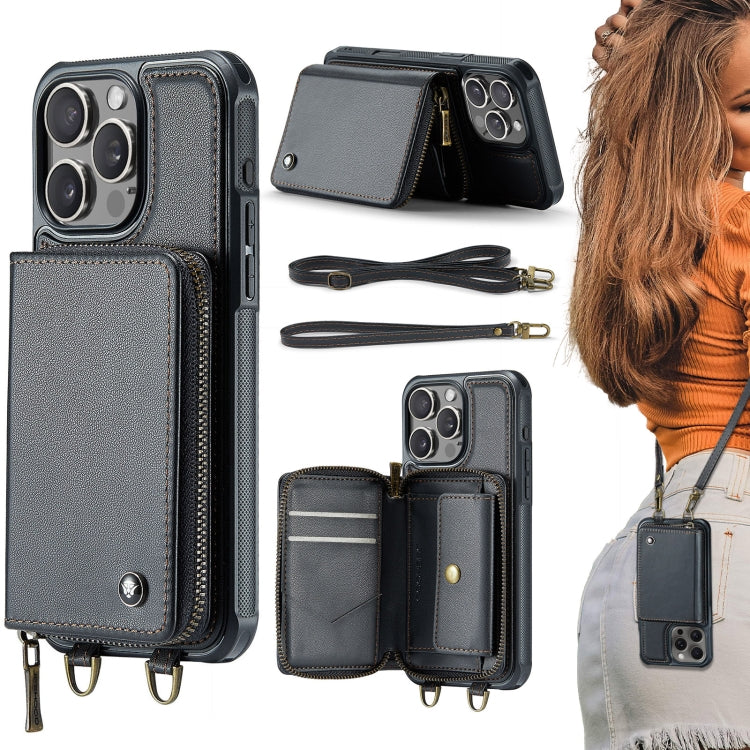 JEEHOOD C22 Series Zipper Wallet Leather Phone Case with Dual Lanyard, For iPhone 16 Pro, For iPhone 16 Plus, For iPhone 16, For iPhone 15 Pro Max For iPhone 16 Pro Black