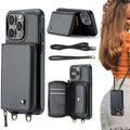 JEEHOOD C22 Series Zipper Wallet Leather Phone Case with Dual Lanyard, For iPhone 16 Pro, For iPhone 16 Plus, For iPhone 16, For iPhone 15 Pro Max For iPhone 16 Pro Black