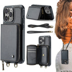 JEEHOOD C22 Series Zipper Wallet Leather Phone Case with Dual Lanyard, For iPhone 16 Pro, For iPhone 16 Plus, For iPhone 16, For iPhone 15 Pro Max For iPhone 16 Pro Black
