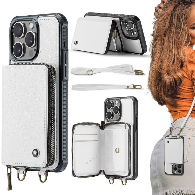 JEEHOOD C22 Series Zipper Wallet Leather Phone Case with Dual Lanyard – Wear-resistant, Lanyard, Card Slot, For iPhone 16 Pro, For iPhone 16 Plus, For iPhone 16, For iPhone 15 Pro Max For iPhone 16 Pro White