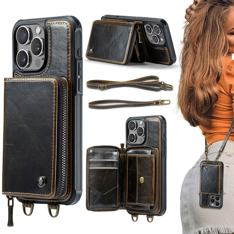 JEEHOOD C22 Series Zipper Wallet Leather Phone Case with Dual Lanyard – Wear-resistant, Lanyard, Card Slot, For iPhone 16 Pro, For iPhone 16 Plus, For iPhone 16, For iPhone 15 Pro Max For iPhone 16 Pro Coffee