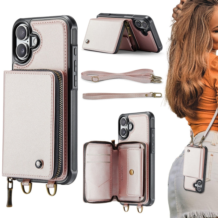 JEEHOOD C22 Series Zipper Wallet Leather Phone Case with Dual Lanyard – Wear-resistant, Lanyard, Card Slot, For iPhone 16 Pro, For iPhone 16 Plus, For iPhone 16, For iPhone 15 Pro Max For iPhone 16 Plus Rose Gold