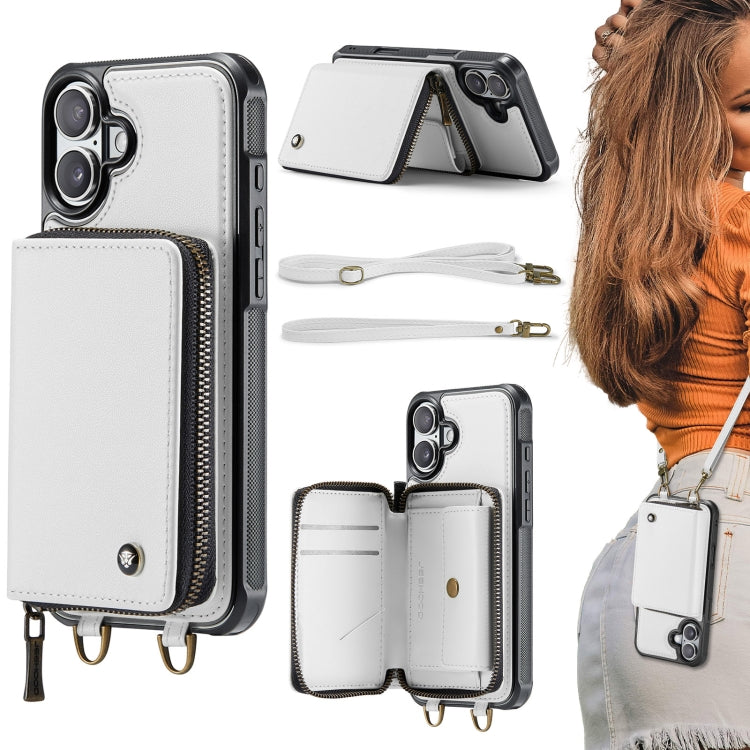 JEEHOOD C22 Series Zipper Wallet Leather Phone Case with Dual Lanyard – Wear-resistant, Lanyard, Card Slot, For iPhone 16 Pro, For iPhone 16 Plus, For iPhone 16, For iPhone 15 Pro Max For iPhone 16 Plus White