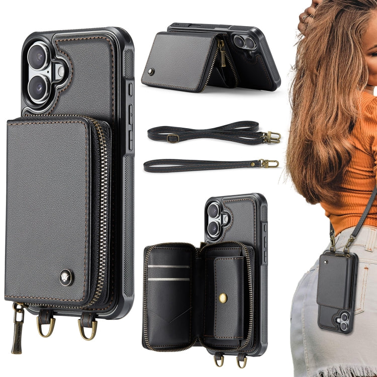 JEEHOOD C22 Series Zipper Wallet Leather Phone Case with Dual Lanyard – Wear-resistant, Lanyard, Card Slot, For iPhone 16 Pro, For iPhone 16 Plus, For iPhone 16, For iPhone 15 Pro Max For iPhone 16 Plus Coffee