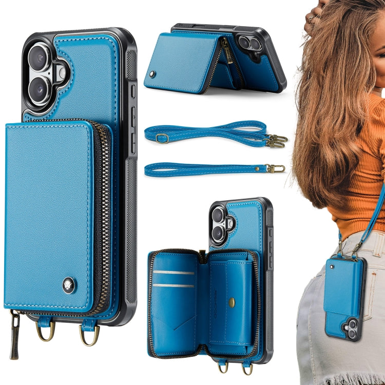 JEEHOOD C22 Series Zipper Wallet Leather Phone Case with Dual Lanyard – Wear-resistant, Lanyard, Card Slot, For iPhone 16 Pro, For iPhone 16 Plus, For iPhone 16, For iPhone 15 Pro Max For iPhone 16 Blue