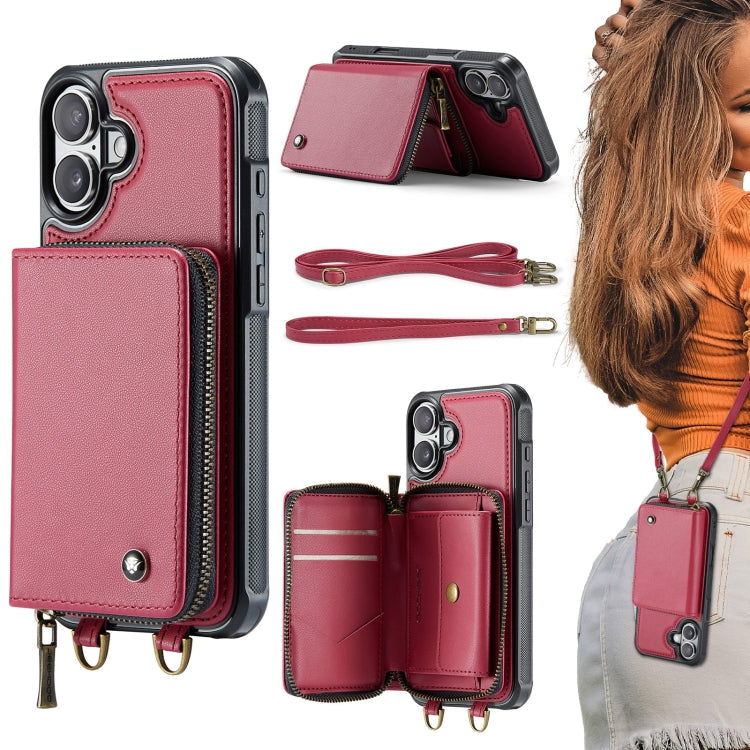 JEEHOOD C22 Series Zipper Wallet Leather Phone Case with Dual Lanyard – Wear-resistant, Lanyard, Card Slot, For iPhone 16 Pro, For iPhone 16 Plus, For iPhone 16, For iPhone 15 Pro Max For iPhone 16 Red