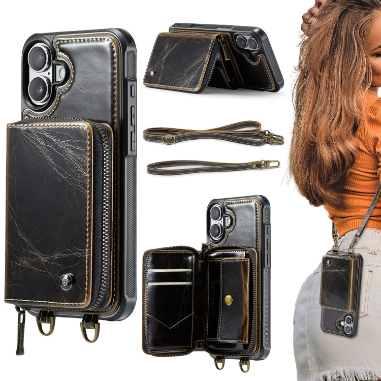 JEEHOOD C22 Series Zipper Wallet Leather Phone Case with Dual Lanyard – Wear-resistant, Lanyard, Card Slot, For iPhone 16 Pro, For iPhone 16 Plus, For iPhone 16, For iPhone 15 Pro Max For iPhone 16 Coffee