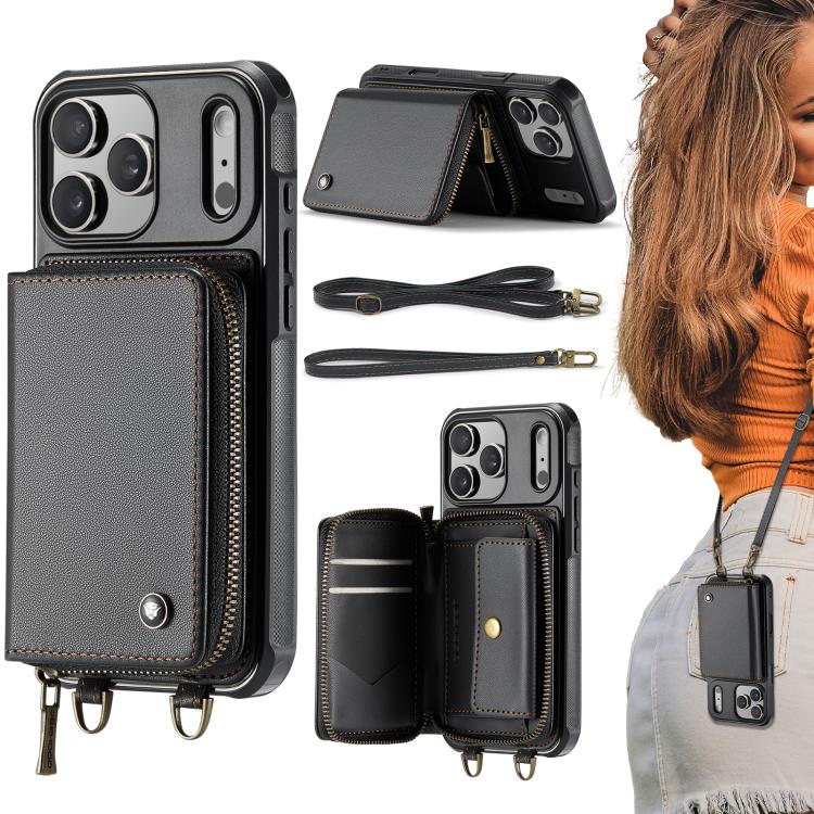 JEEHOOD C22 Series Zipper Wallet Leather Phone Case with Dual Lanyard, For iPhone 17 Pro Max, For iPhone 17 Pro, For iPhone Air, For iPhone 16 Pro Max For iPhone 17 Pro Max Black