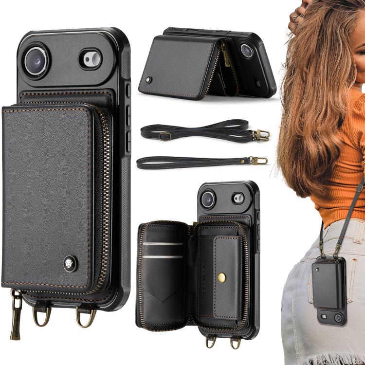 JEEHOOD C22 Series Zipper Wallet Leather Phone Case with Dual Lanyard – Wear-resistant, Lanyard, Card Slot, For iPhone 17 Pro Max, For iPhone 17 Pro, For iPhone Air, For iPhone 16 Pro Max For iPhone Air Black