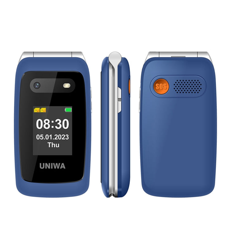 UNIWA V202T 4G Flip Style Phone, 2.4 inch Unisoc T107 Cat.1, SOS, FM, Dual SIM Cards, 21 Keys – Card Slot, Flip Blue