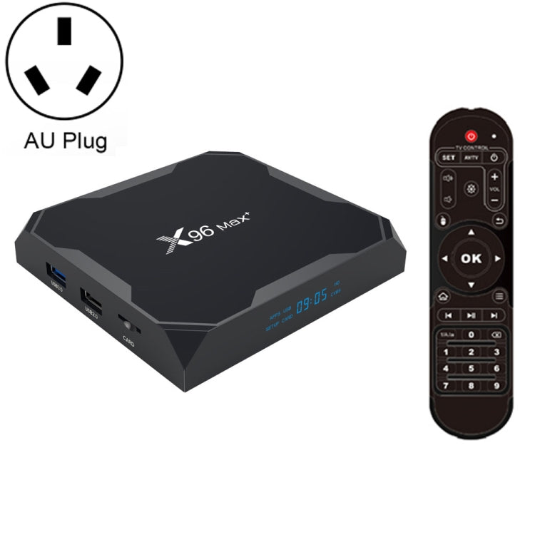 X96 max+ 4K Smart TV Box with Remote Control, Android 9.0, Amlogic S905X3 Quad-Core Cortex-A55,2GB+16GB, Support LAN, AV, 2.4G/5G WiFi, USBx2,TF Card,, EU Plug, UK Plug, AU Plug – Bluetooth, TPU, 4K AU Plug