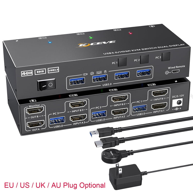KC-KVM302AS 4K 60Hz USB3.0 / HDMI Dual Monitors KVM Switch, EU Plug, EU Plug – TPU, 4K